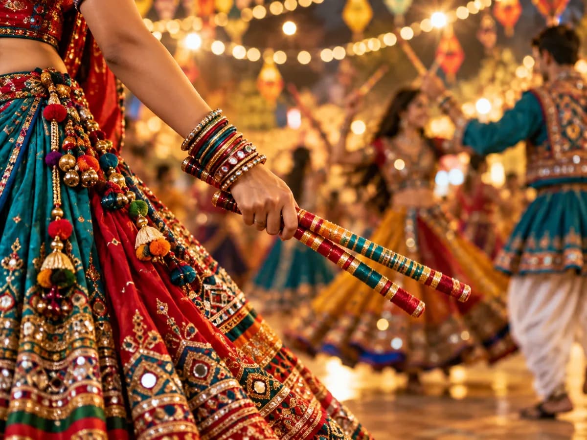 Close-up of colorful Dandiya sticks and traditional Navratri outfit details